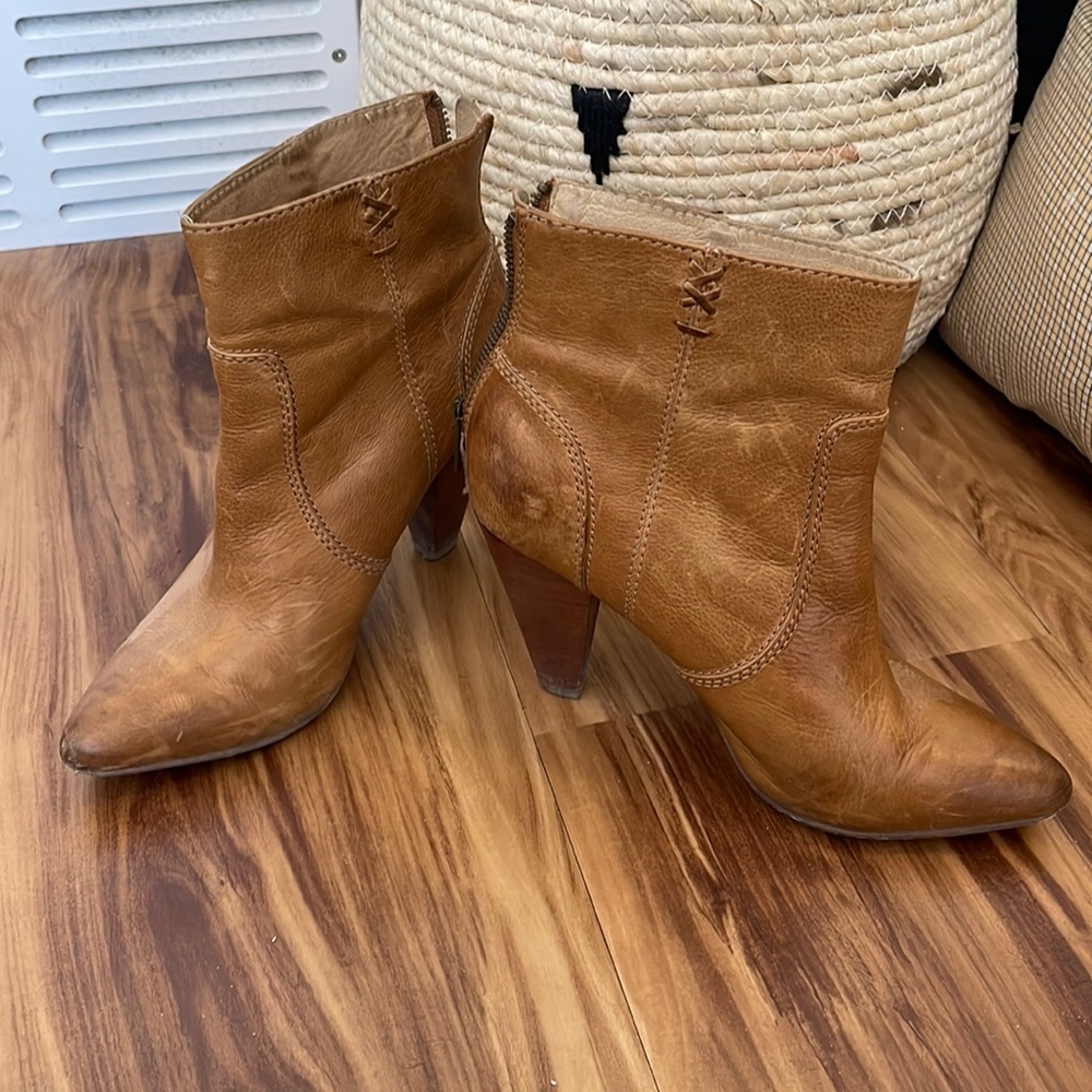 Caramel FRYE booties - Regina Heel booties style